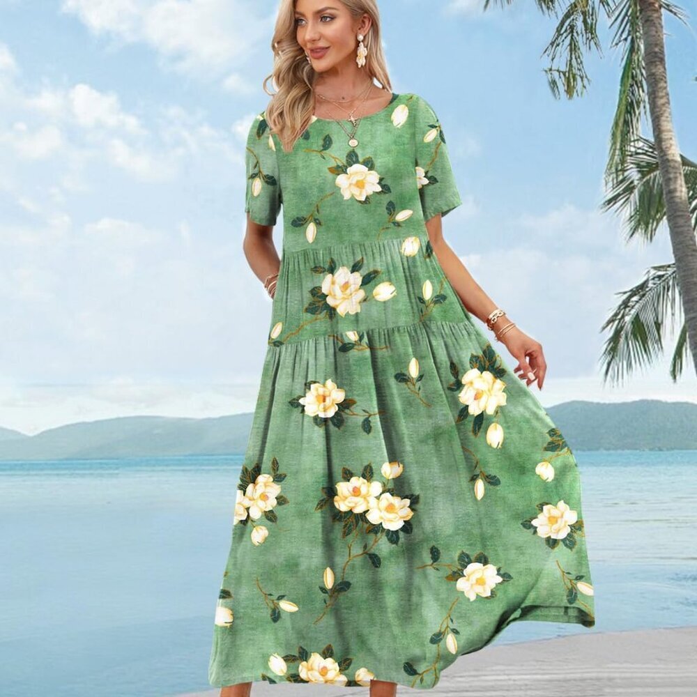 Women Casual Loose Bohemian Floral Dress with Pockets Short Sleeve Long Maxi Sum - Picture 3 of 5
